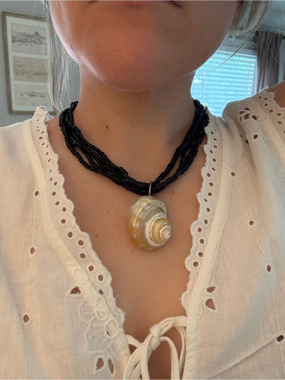 Vintage Black Multi-Strand Beaded Choker Necklace with Cream Shell Pendant